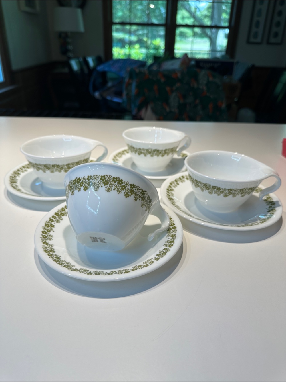 Vintage Spring Blossom “Crazy Daisy” Corelle Ware Hook Handle Cups & Saucers - 4